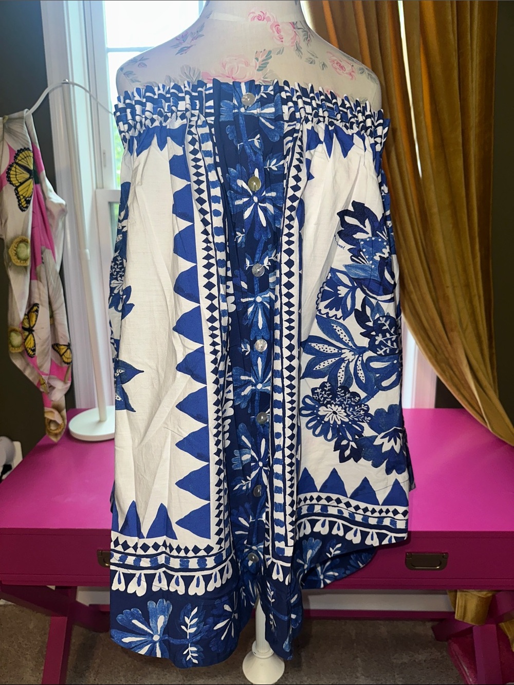 FARM Rio White and Blue Off-Shoulder Floral Tunic